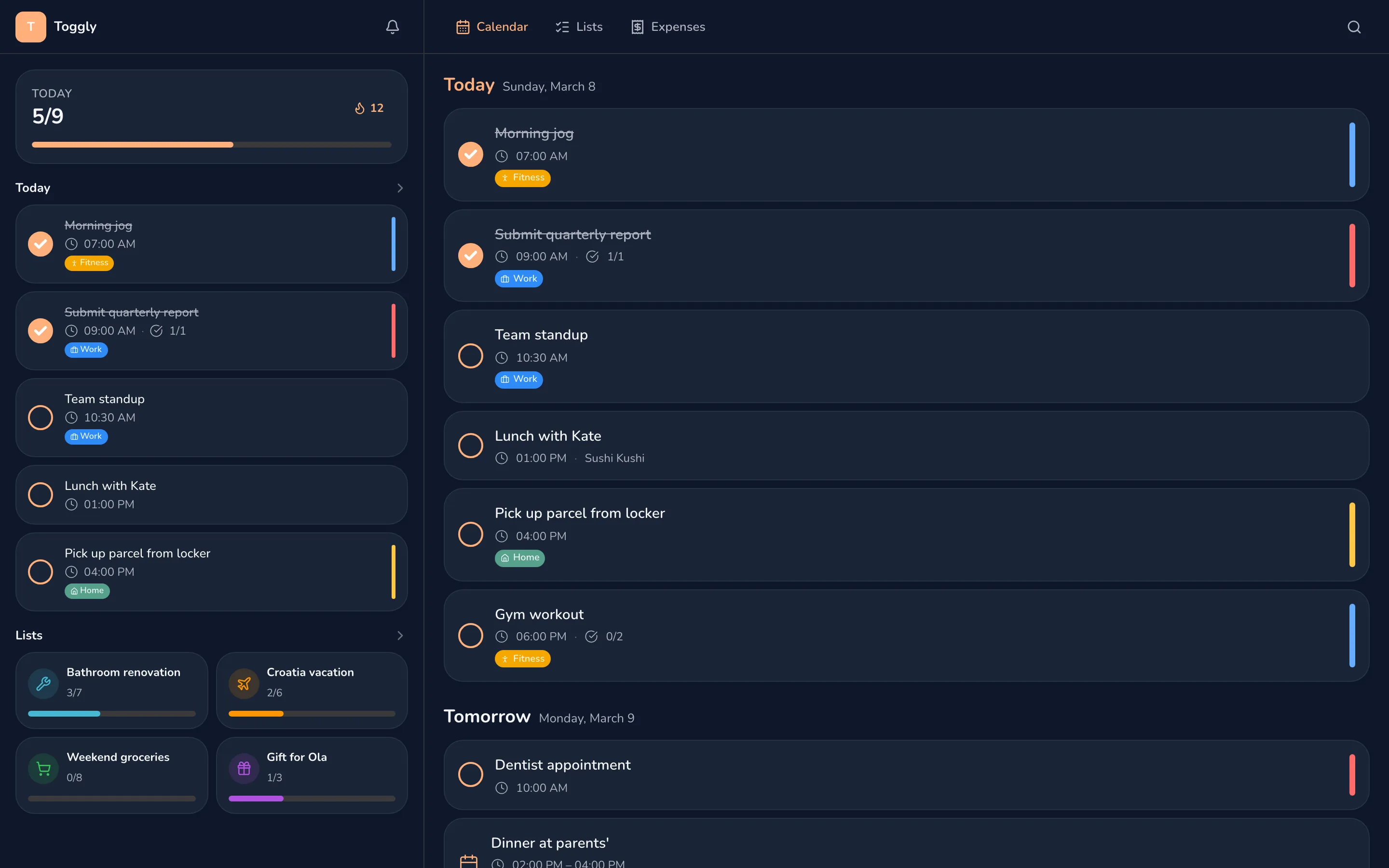 Toggly web app — dark mode