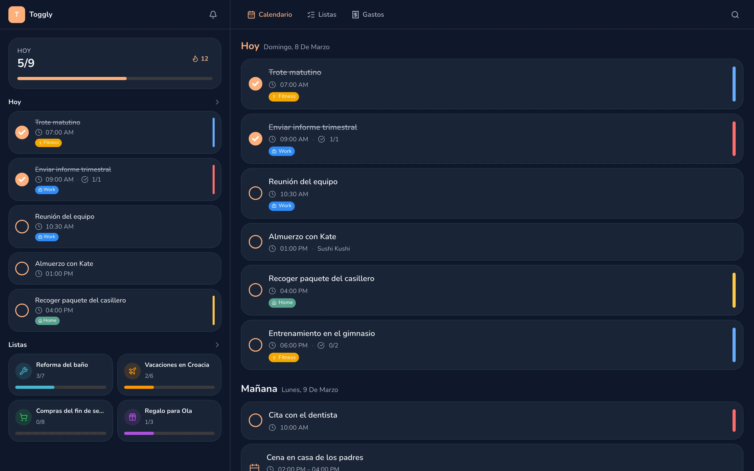 Toggly web app — dark mode
