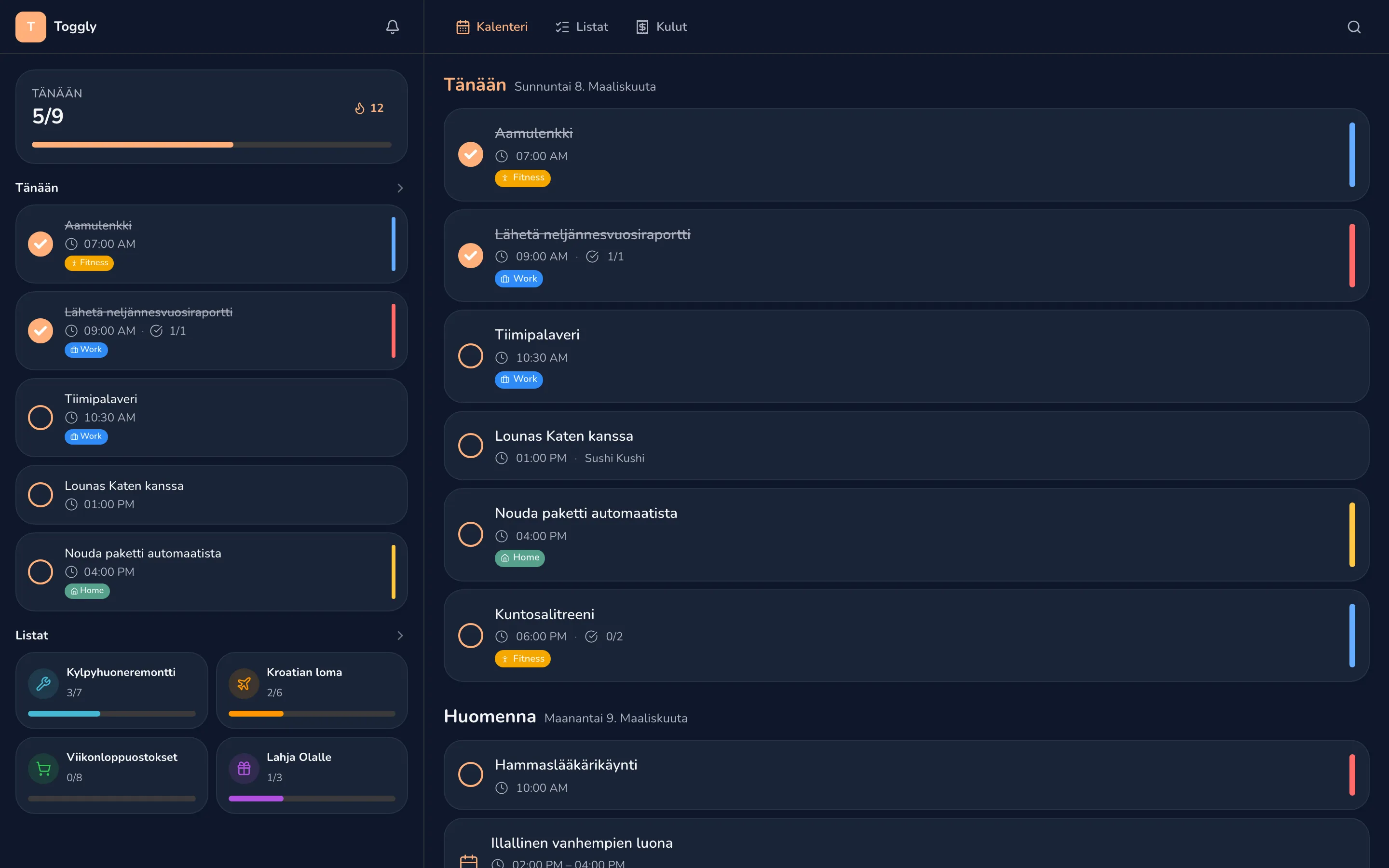 Toggly web app — dark mode