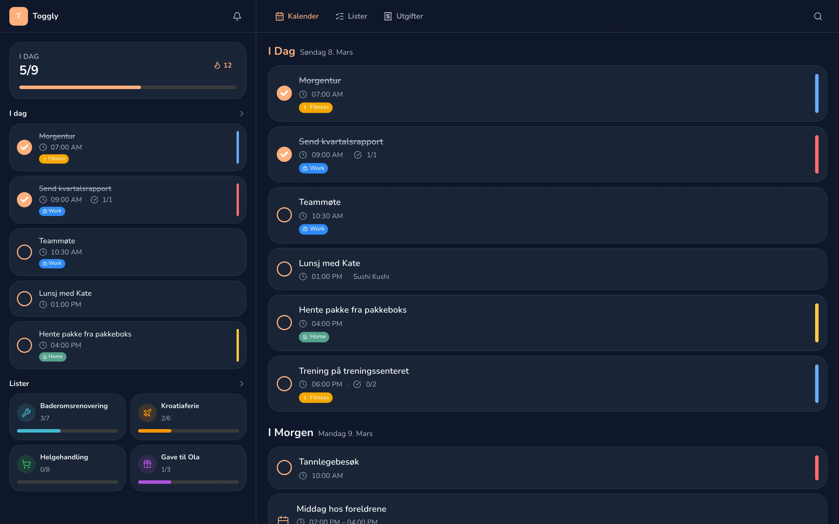 Toggly web app — dark mode