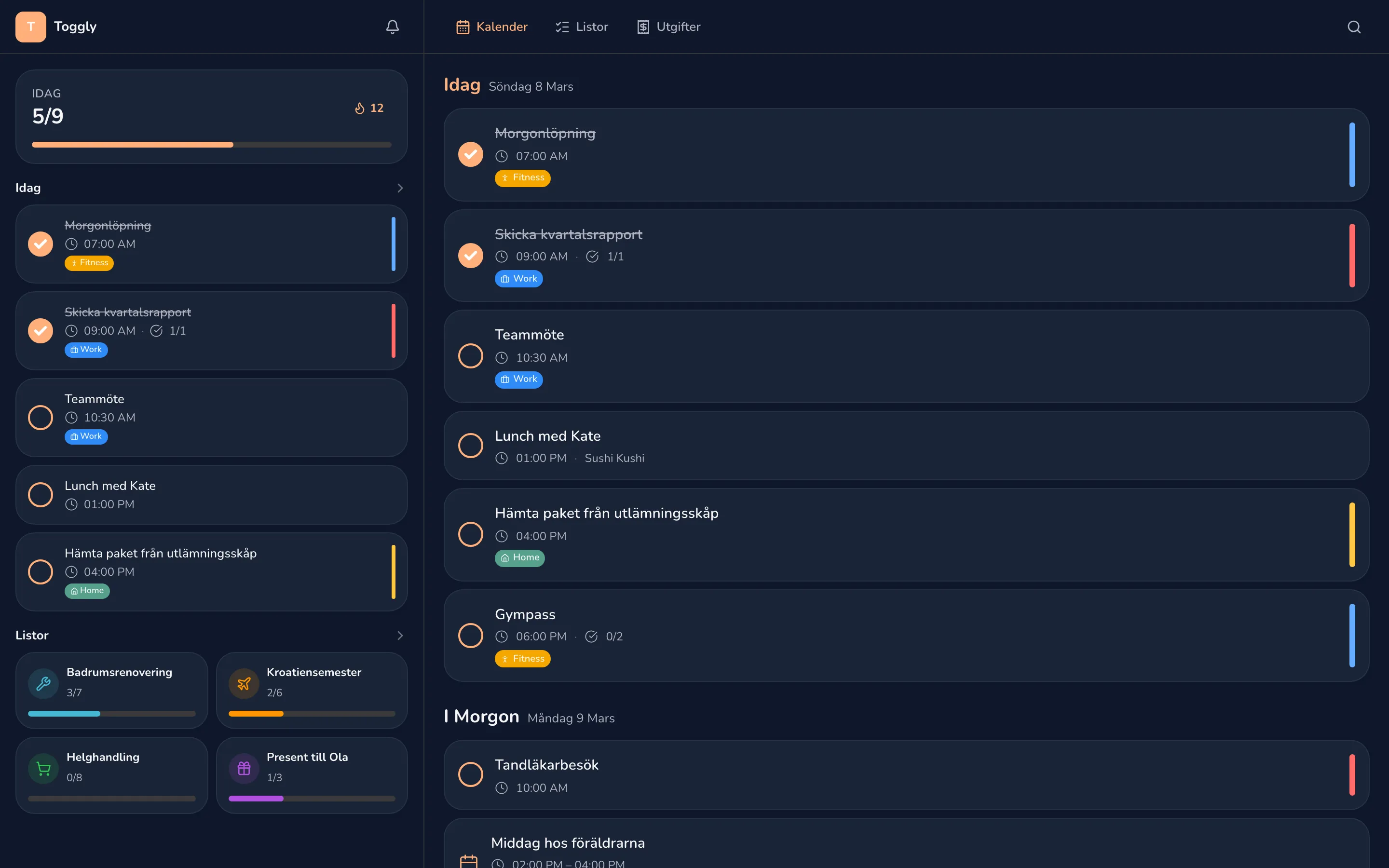 Toggly web app — dark mode
