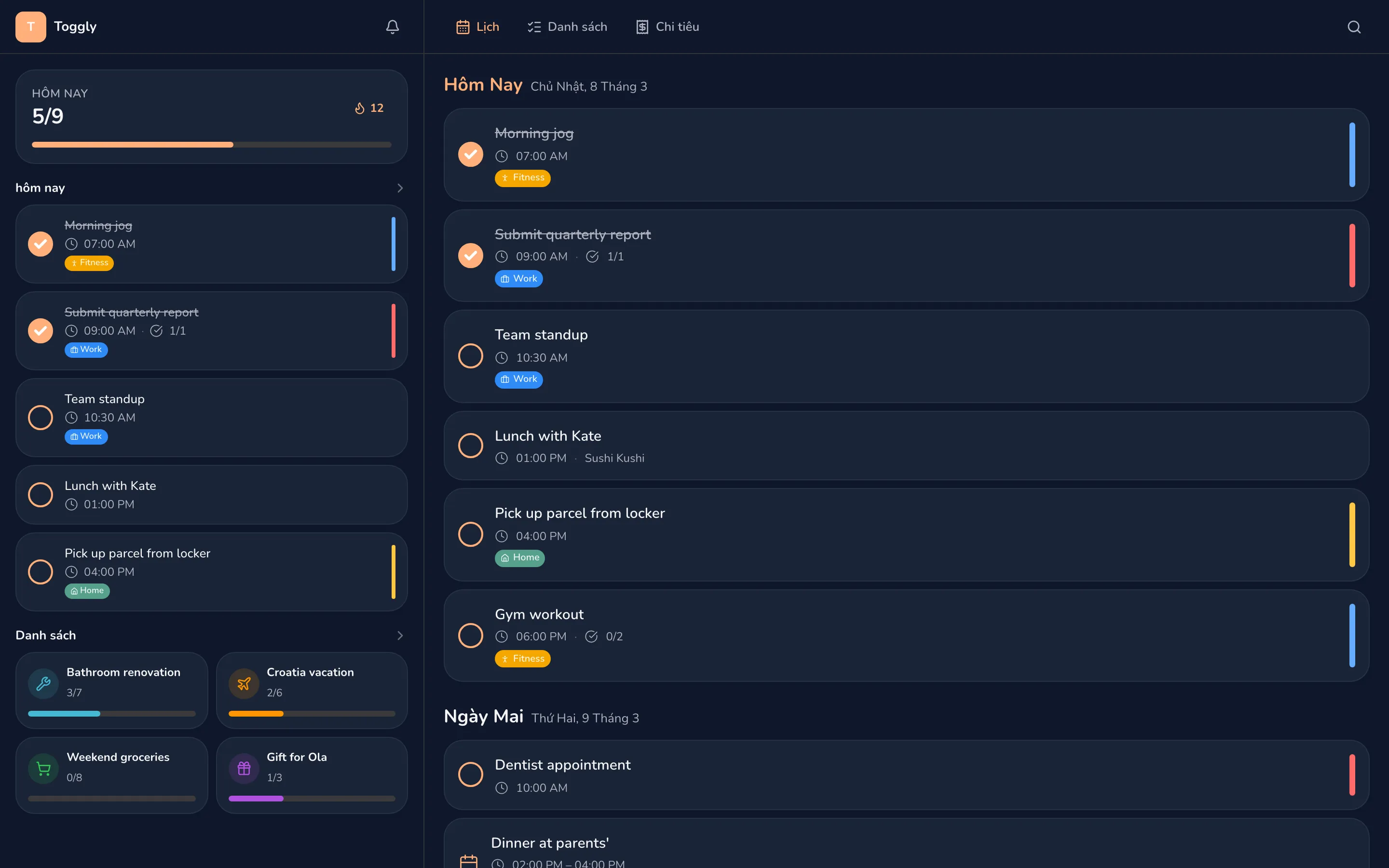 Toggly web app — dark mode